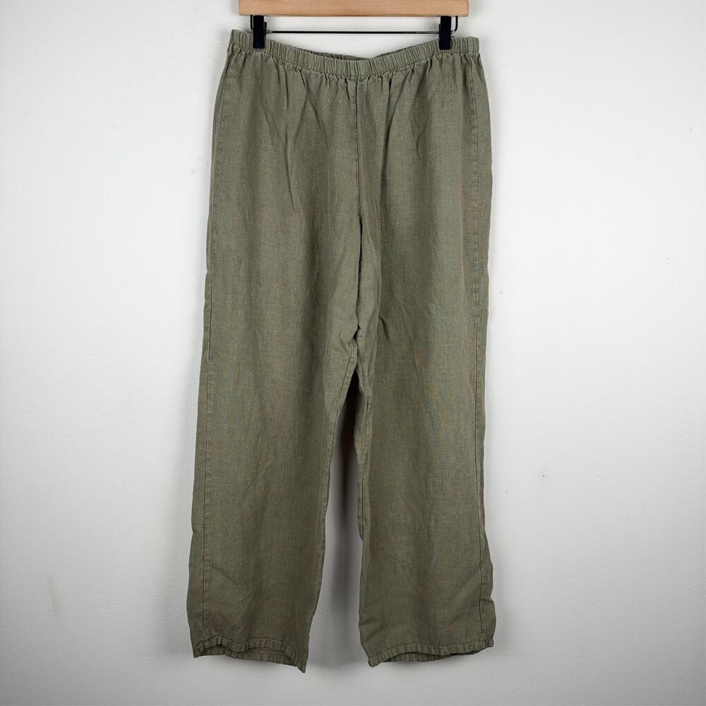Bryn Walker Full Length Linen Green Wide Leg Pants Womens Sz L